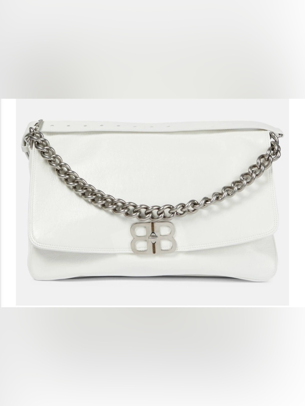 BALENCIAGA White Leather Shoulder Flap Bag with Chain Accent NEW